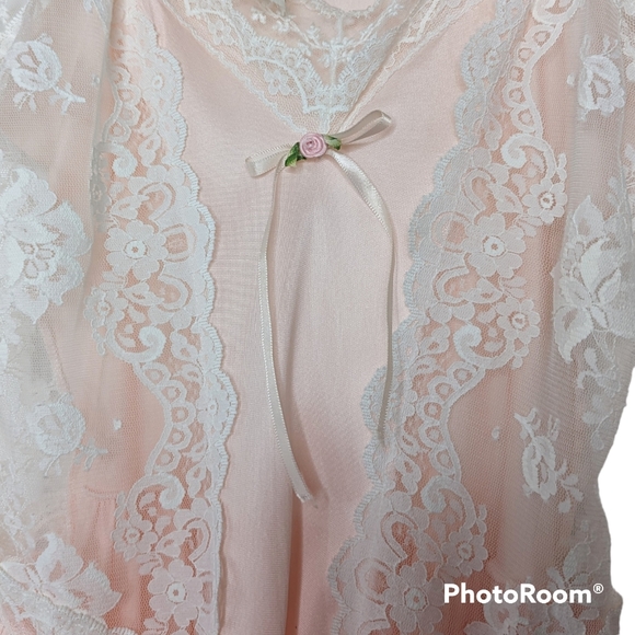 Vintage Diane Von Furstenberg Lingerie Medium Pink Nylon Lace Nightgown Midi - Picture 4 of 14